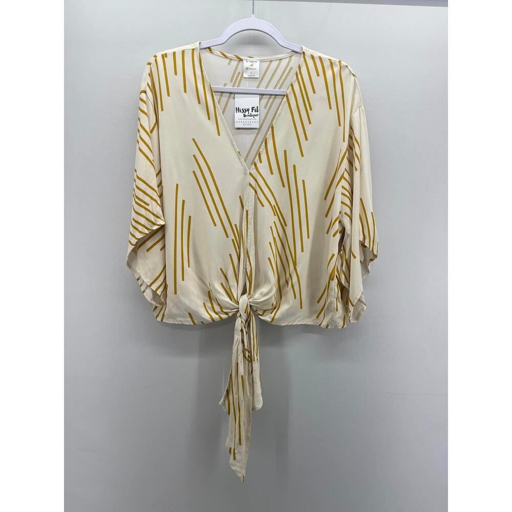 By Together Short‎ Sleeve Blouse Ivory Mustard Geo Print V Neck Tie Front